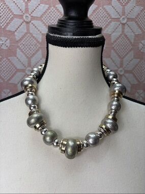 Vintage Silver Tone Statement Necklace Mixed Metal Chunky Bead